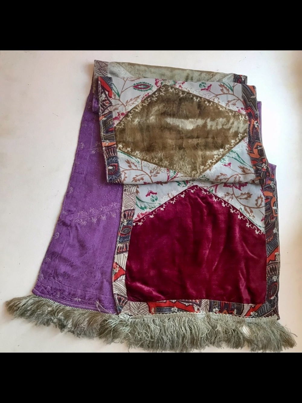 Purple and Burgundy Velvet Scarf with Olive Accents - Unbranded